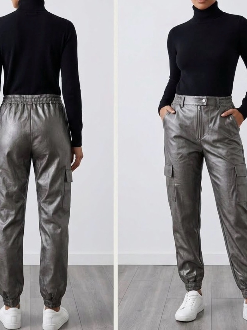 Metallic Faux Leather Cargo Pants Gunmetal Shiny Joggers XS S - No Size Tag 0350